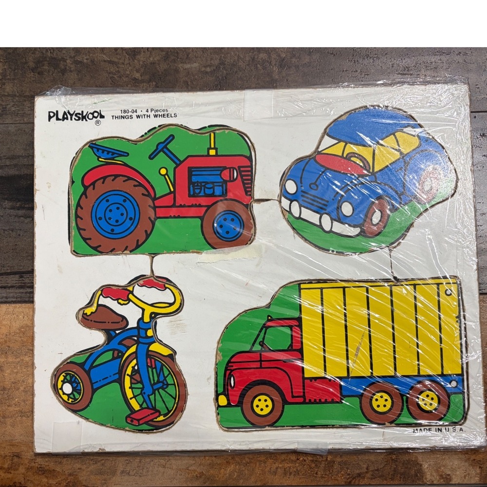 Vintage Playskool Wooden Puzzle‎ Things With Wheels 180-04 4 Piece USA Made